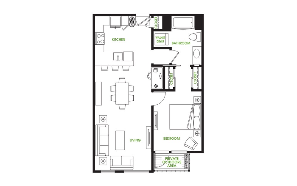 AT1 - 1 bedroom floorplan layout with 1 bath and 760 square feet.