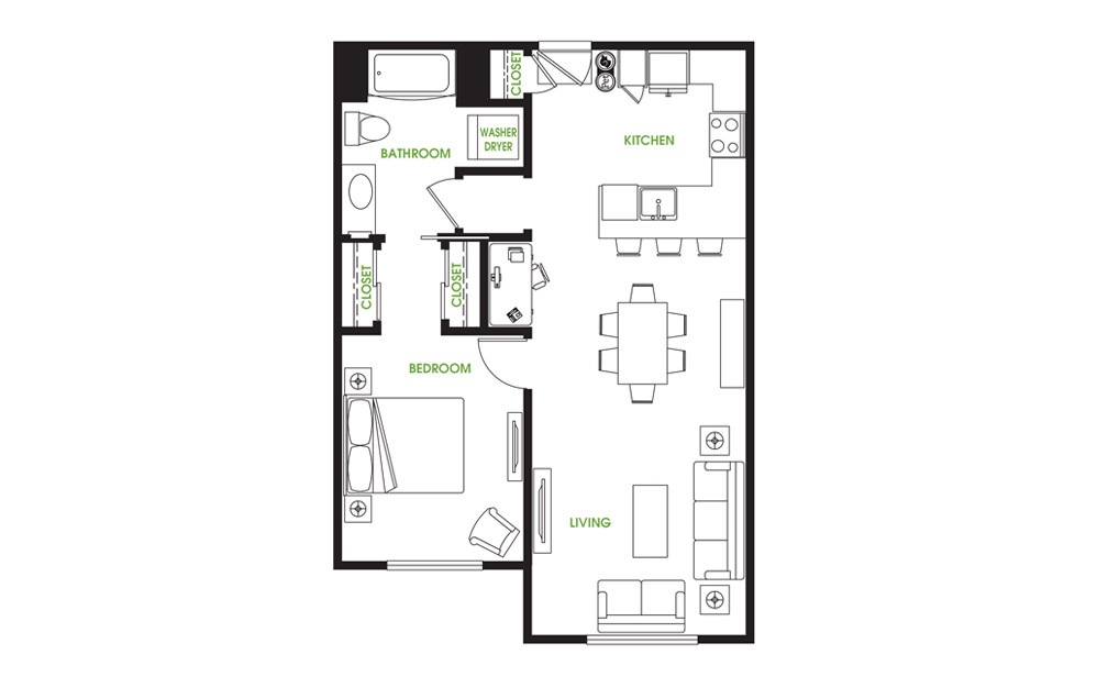 AT5 - 1 bedroom floorplan layout with 1 bath and 785 square feet.
