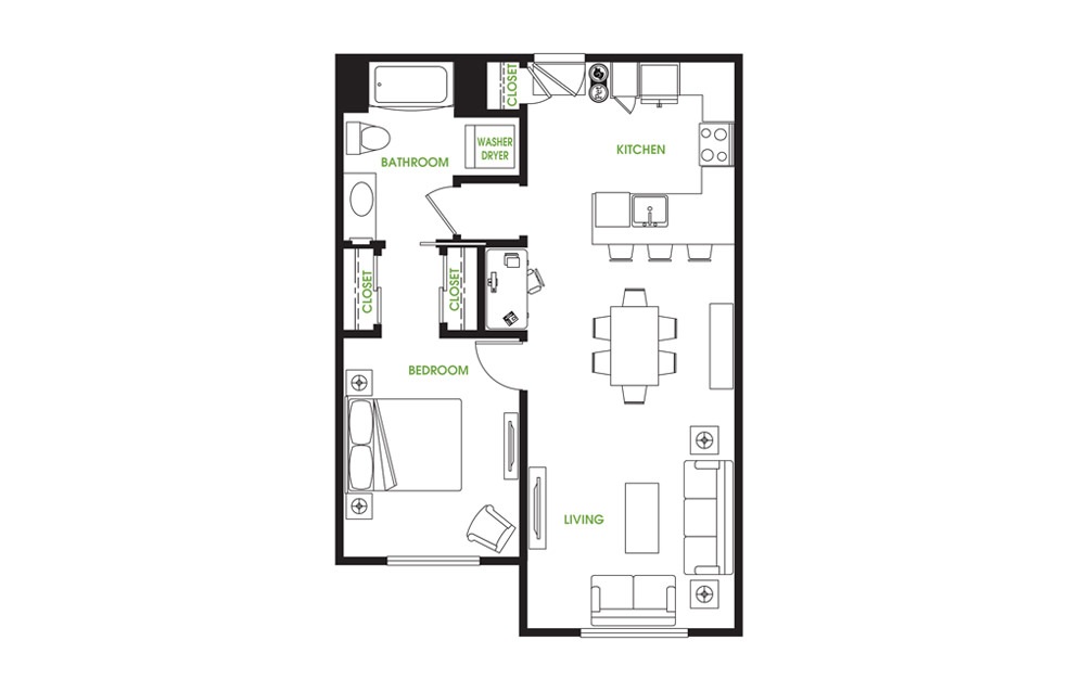 AT6 - 1 bedroom floorplan layout with 1 bath and 790 square feet.