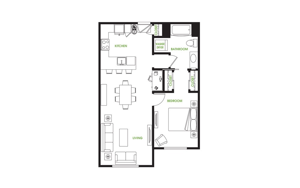 AT7 - 1 bedroom floorplan layout with 1 bath and 825 square feet.