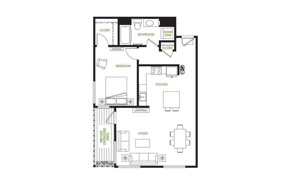 AT8 - 1 bedroom floorplan layout with 1 bath and 845 square feet.