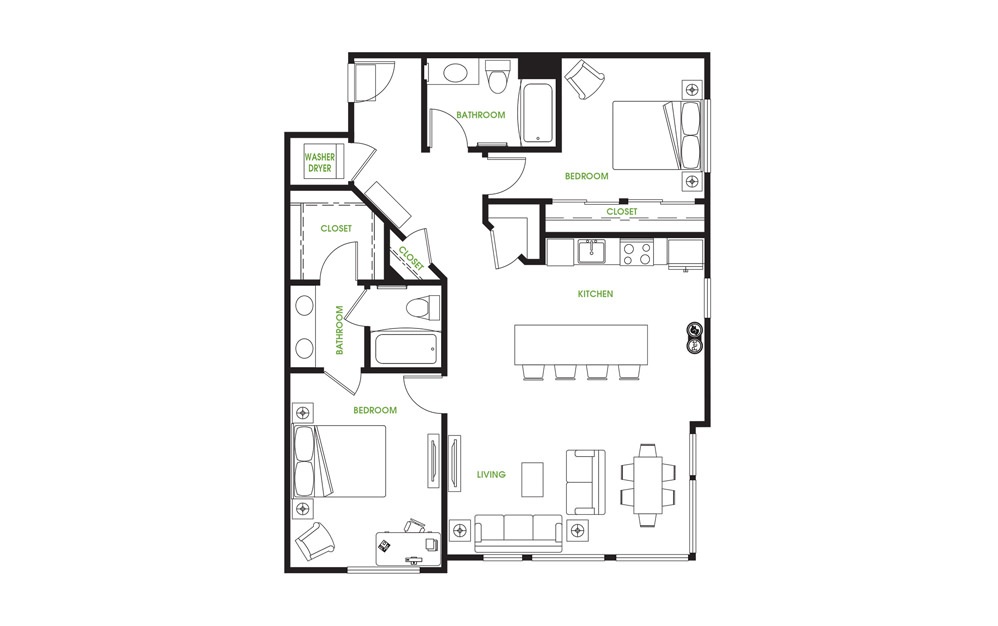 B1 - 2 bedroom floorplan layout with 2 baths and 1155 square feet.