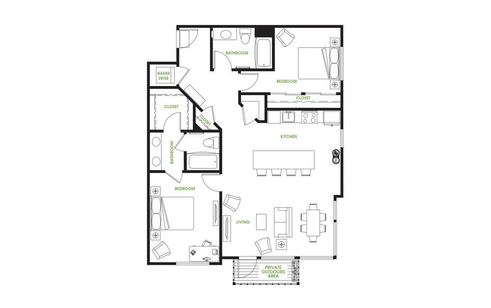 B3 - 2 bedroom floorplan layout with 2 baths and 1200 square feet.