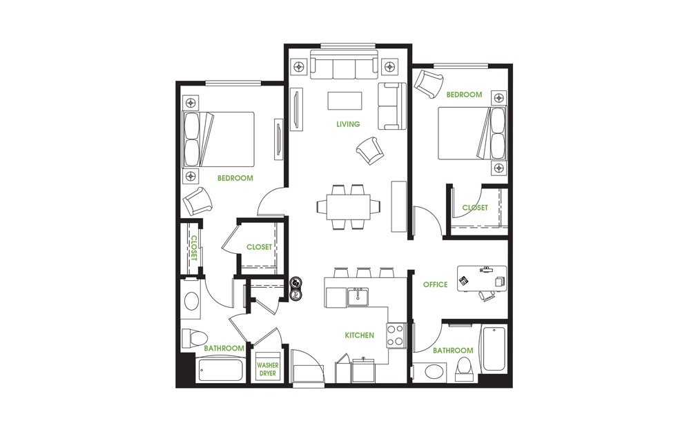BD1 - 2 bedroom floorplan layout with 2 baths and 1105 square feet.