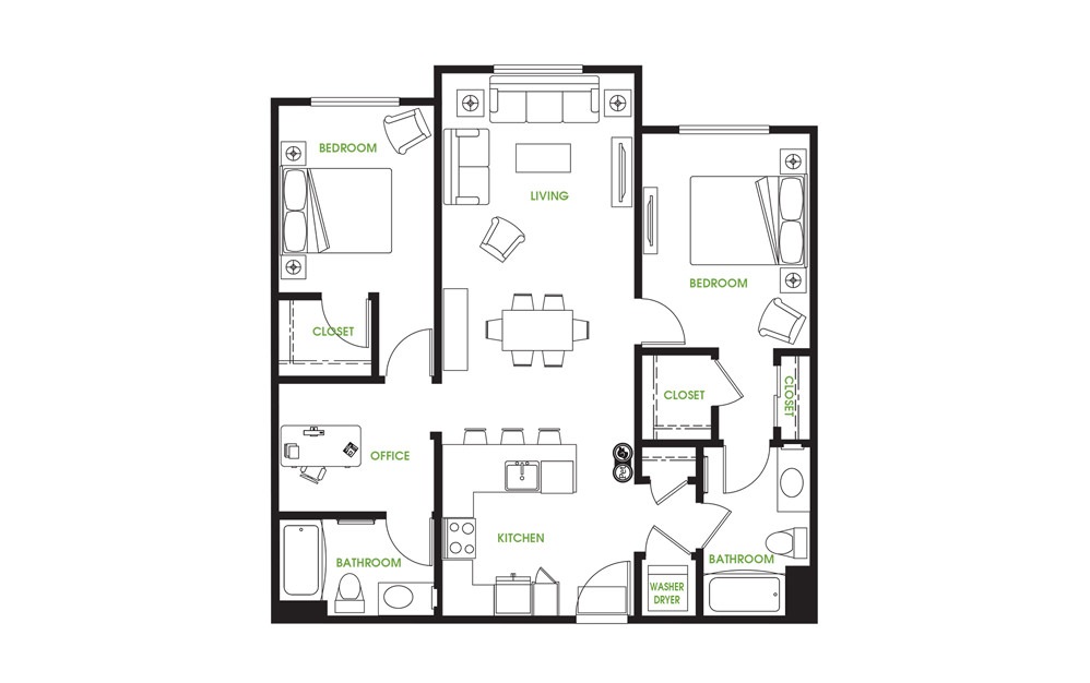 BD2 - 2 bedroom floorplan layout with 2 baths and 1095 square feet.