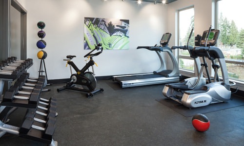 bright fitness center with cardio equipment and free weights