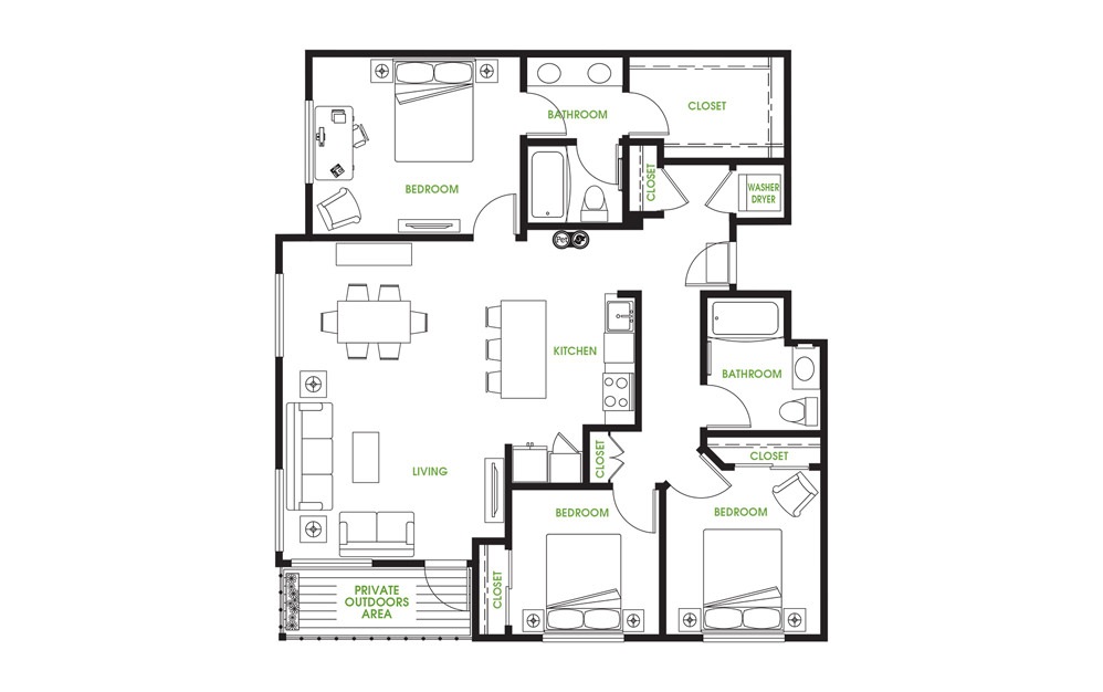 C1 - 3 bedroom floorplan layout with 2 baths and 1305 square feet.
