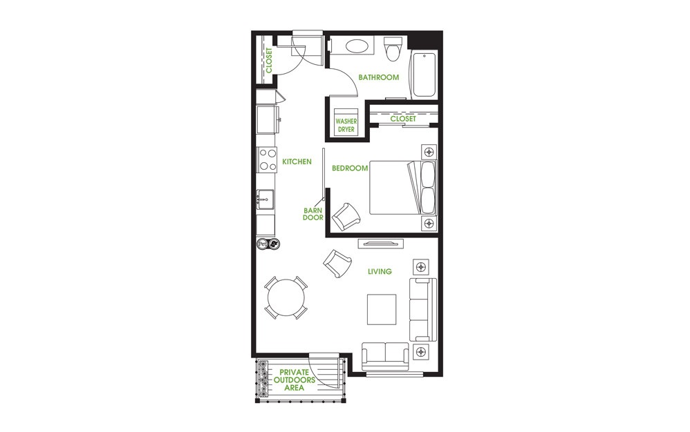 U3 - 1 bedroom floorplan layout with 1 bath and 635 square feet.