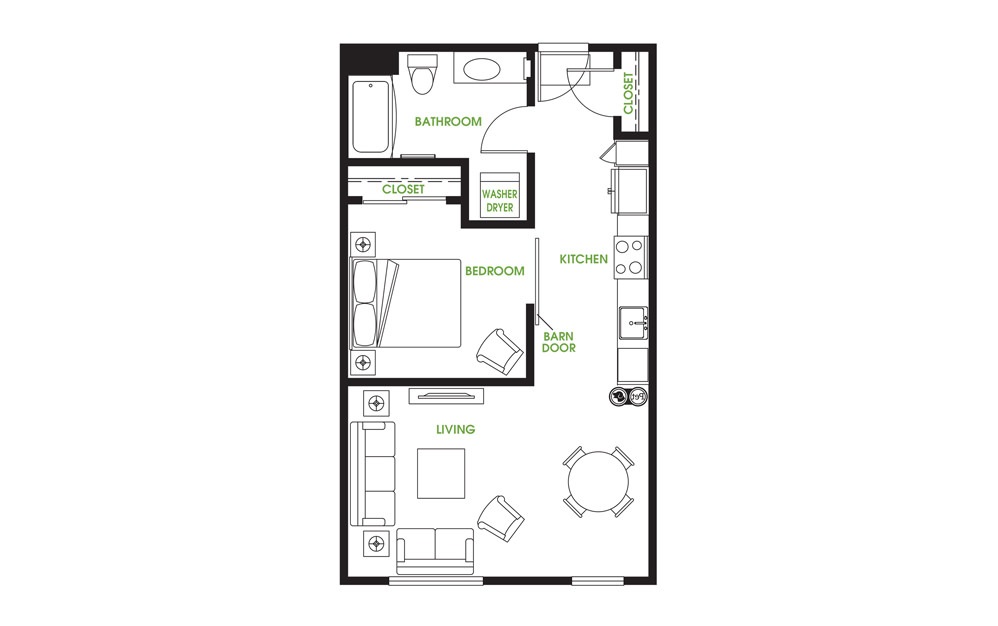 U4 - 1 bedroom floorplan layout with 1 bath and 635 square feet.